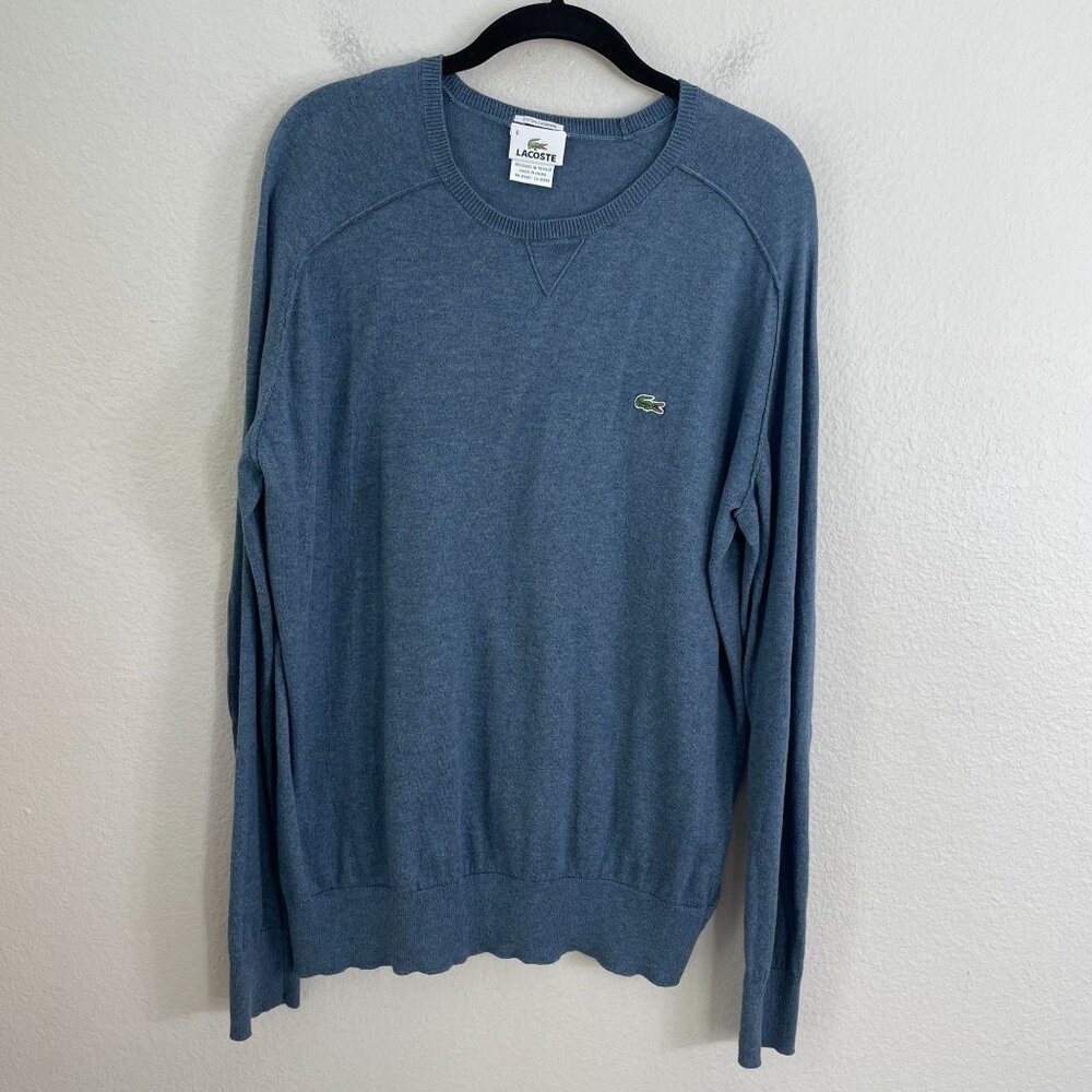 Lacoste Mens 6 XL Blue Cotton Cashmere Pullover Sweater Suede Elbow‎ Patches